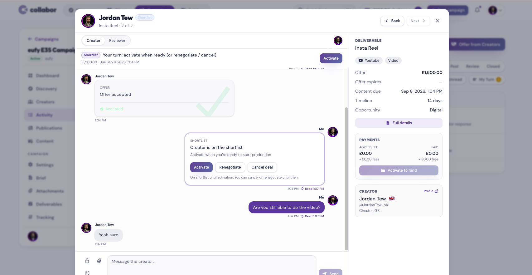 Collabor creator activity and campaign chat showing an offer, deliverable details and creator profile